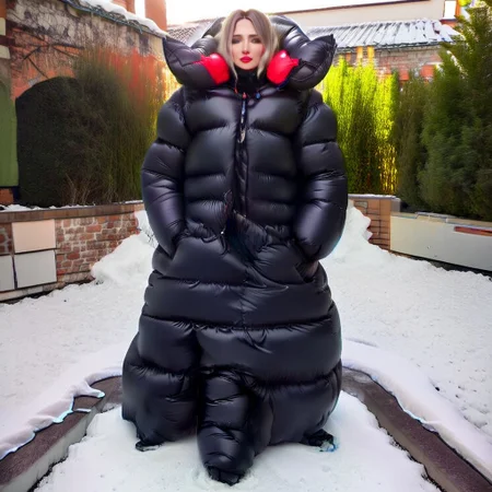full body shot of one downcoat stunning european blond professional women wearing an poofy extra_puffy_downcoat,floor_length_coat,tight_coat, ((extra_puffy_adjusted_full_closed_coat))  ((extra_puffy_hood)) ((closed_hood))  ((fully_down_hooded)) ((very_high_down_collar)) ((down_mits))((down_boots)) 
,closed coat,
long_legs, long_sleeves,  dress, high_neckbrace, lips, hand_fan, dress, city, street, winter, snow, walking, daytime, sun, sunlight,realistic_up_hood
<lora:Puffer_Jacket_and_Down_Jacket_-_Extra_Puffy_Jackets:0.9>
 <lora:VictorianBustleDress:0.6><Lora:Parkasite-XL:1.0
