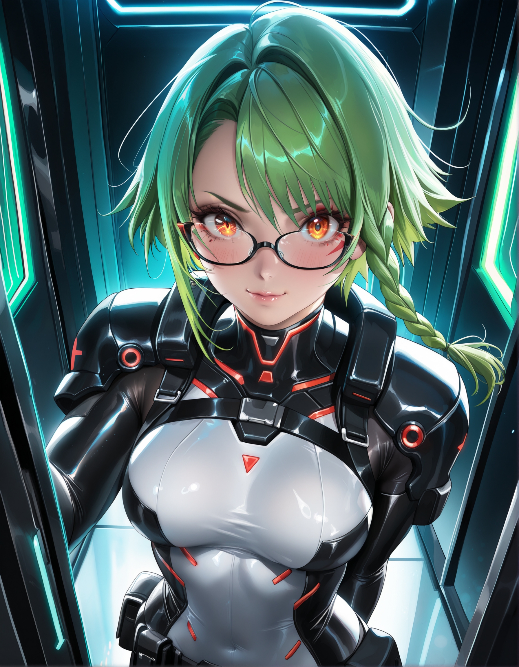 (masterpiece, best quality, highres:1.2), sakimichan \(style\), 
A hyperrealistic upper-body shot of a striking female cyberpunk warrior standing in a futuristic corridor illuminated by neon lights. Her short, wavy green hair frames her face, accented by braided sections that add a touch of edginess. Her piercing amber eyes are highlighted by subtle eyeliner, conveying confidence and focus. She wears a high-tech black and green armored bodysuit with intricate metallic details, glowing accents, and layered plating that fits her form perfectly. Her shoulder armor glints under the neon lighting, and small tactical gear details, such as buckles and utility straps, enhance the suit's realism. The corridor behind her is filled with glowing panels and vertical neon lines, creating a sleek and modern cyberpunk atmosphere. The lighting emphasizes the texture of her armor and the vibrancy of her green hair, making her stand out as a commanding presence in this high-tech world.
 <lora:Detailer_NoobAI_Incrs_v1:0.5>