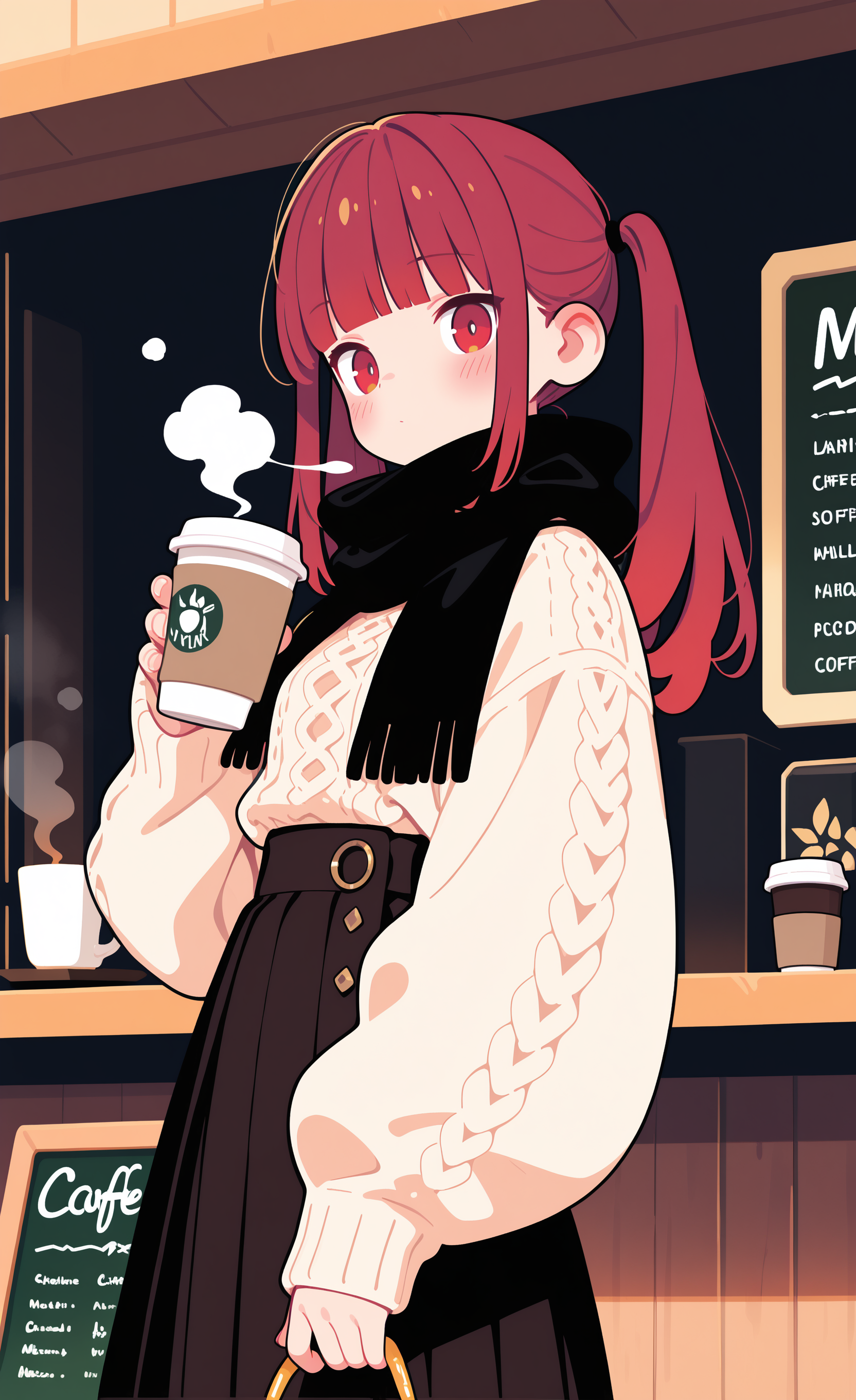 masterpiece,best quality,amazing quality, 
1girl, solo, long hair, looking at viewer, blush, skirt, long sleeves, red eyes, holding, closed mouth, twintails, red hair, pleated skirt, black skirt, blunt bangs, scarf, sweater, cup, fingernails, holding cup, steam, high-waist skirt, checkered clothes, disposable cup, black scarf, coffee, cable knit, aran sweater, coffee cup, cafe, menu board, haiz_ai, Flatline, Flat vector illustration, <lora:ponyv6_noobE11_2_adamW-000017:0.3> <lora:MeMaXL4:0.8> <lora:checkpoint-e18_s306:1.2> <lora:haiz_ai_illu:0.7>