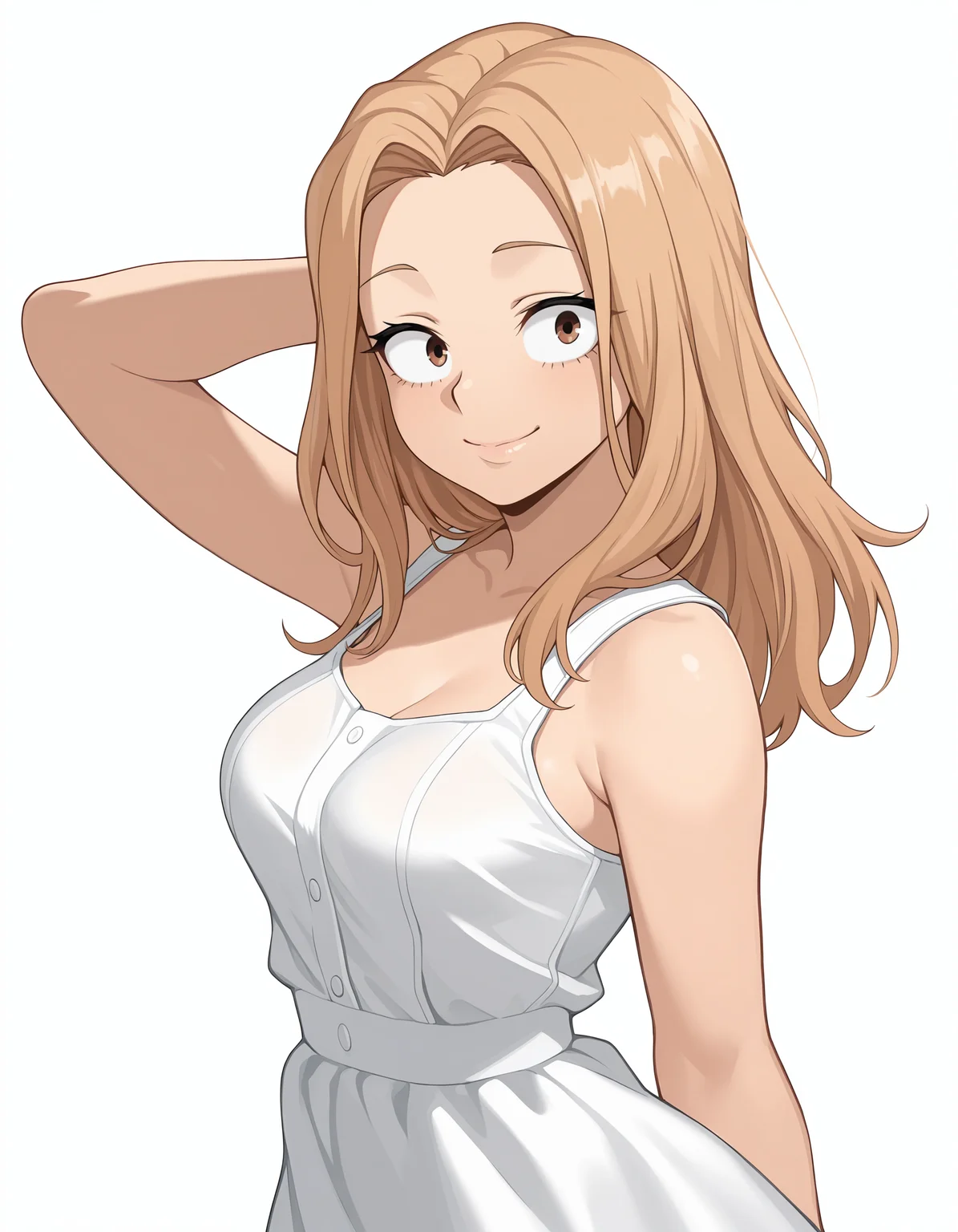 <lora:Camie Illu New:1>
1girl, solo,
cami3, brown eyes, blonde hair, long hair,
sundress, smile, sleeveless, looking at viewer, medium breasts, one arm behind head,
simple background, white background,, masterpiece, best quality, amazing quality