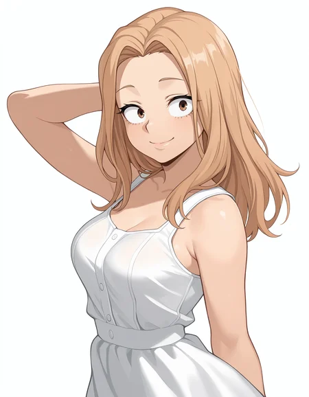 <lora:Camie Illu New:1>
1girl, solo,
cami3, brown eyes, blonde hair, long hair,
sundress, smile, sleeveless, looking at viewer, medium breasts, one arm behind head,
simple background, white background,, masterpiece, best quality, amazing quality