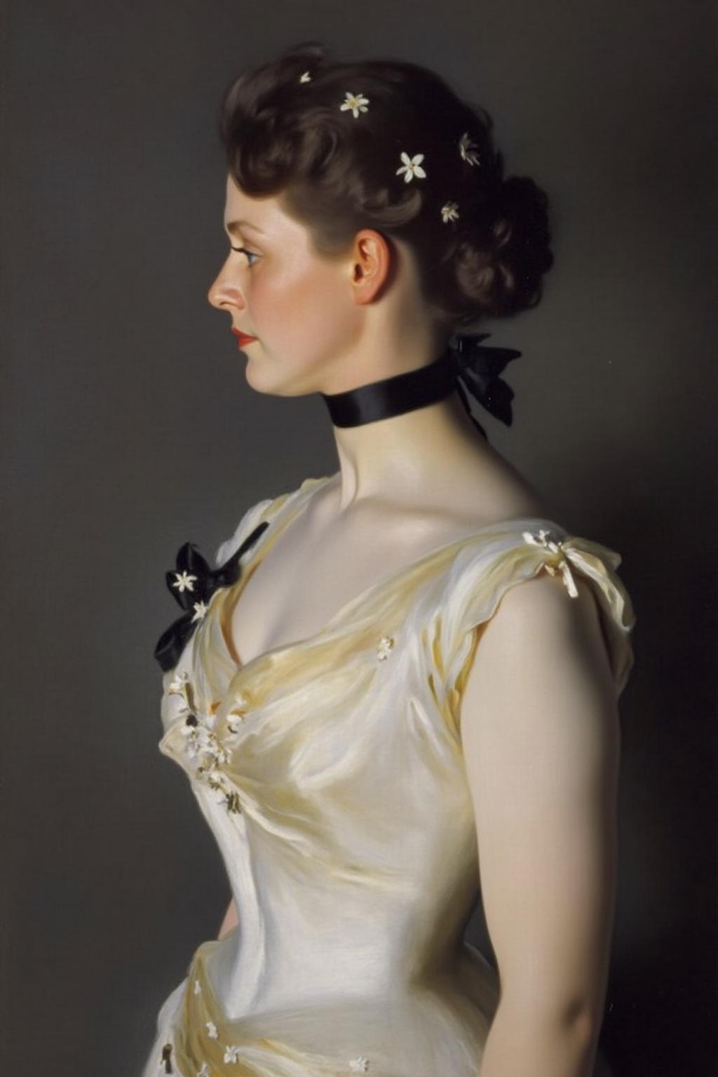 johnss1 painting.
a portrait of a woman in a white dress adorned with a black choker around her neck. Her hair is styled in a bun, adorned with small white flowers, adding a touch of color to her dress. The backdrop is a muted gray, creating a stark contrast to the woman's dress. <lora:johnss2_cap_d6a3:1.0><lora:829180519523599646:0>