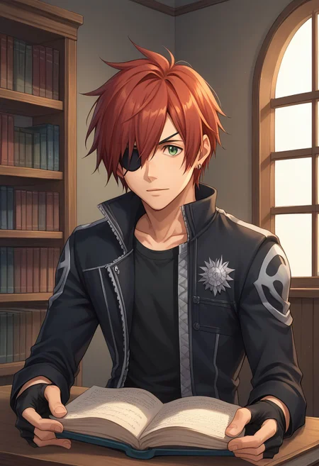 score_9, score_8_up, score_7_up, source_anime, highly detailed,
lavidgray, solo, gloves, eyepatch, 1boy, fingerless gloves, male focus, jacket, red hair,
earrings, jewelry, green eyes, shirt, black shirt,
indoor, window, bookshelf, books, focused, upper body, reading,