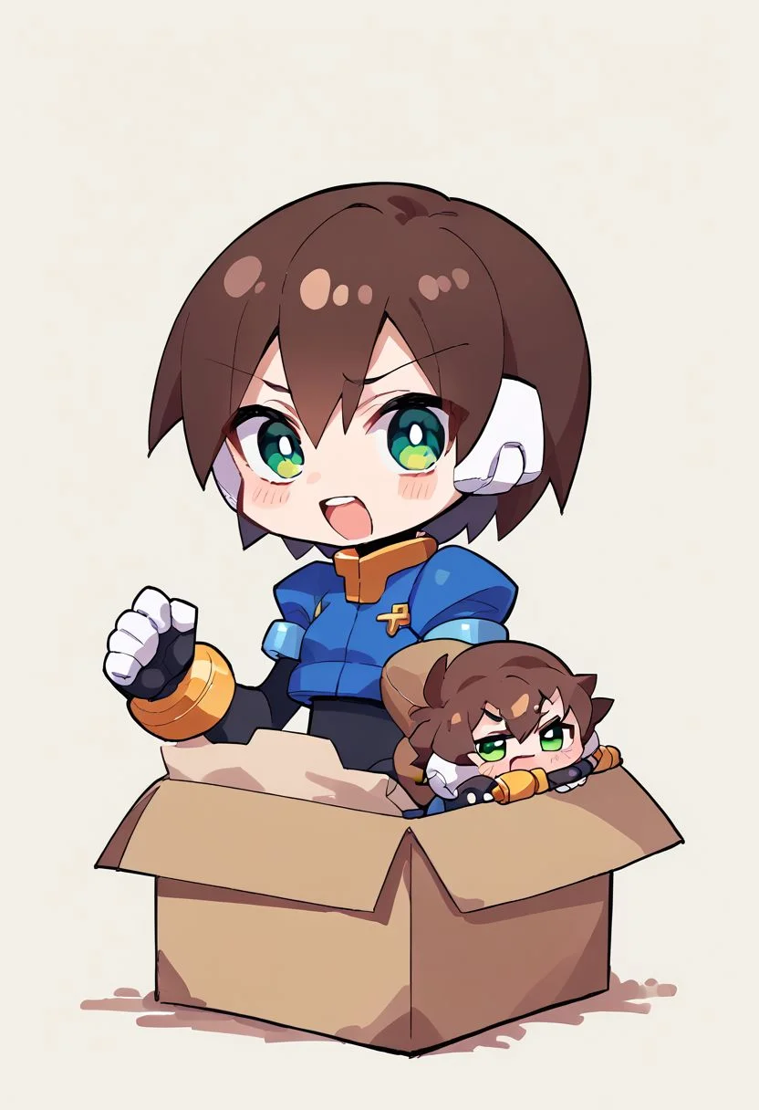 score_9, score_8_up, score_7_up, score_6_up, source_anime, BREAK <lora:stasis_tank_v0.3-pony:1>,1girl, small breasts, brown hair, short hair, green eyes, robot ears, black bodysuit, fingerless gloves, blue Cropped Jacket, cropped jacket, short sleeves, bracelet, b0xe,chibi, in box