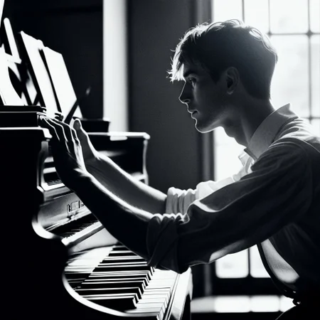 score_9, score_8_up, score_7_up, score_6_up, flmgr, flmgr, film grain, cinematic, cinematic light, 1boy, male focus, piano, window, solo, instrument, backlighting, indoors, monochrome, shirt, from side, profile, upper body, short hair, sleeves rolled up, long sleeves, collared shirt, paper, greyscale, blurry, realistic