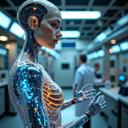 the most realistic, photorealistic photo ever taken [PORTRAIT SHOT, extremely detailed, 8k, BEAUTIFUL FEMALE ANDROID, IN A HIGH TECH FUTURISTIC LABORATORY, LEDS, BIOMECHANICAL BODY PARTS, (body parts covered with skin:1.5), (glass TRANSPARENT ULTRA DETAILED BODY shell:1.5) SHOWING blue and gold CIRCUITRY shining bright INSIDE THE BODY, Detailed hand, (DYNAMIC POSES :1.5), Detailed hand, Hand, Perfect hand, aidmamj6.1 ]