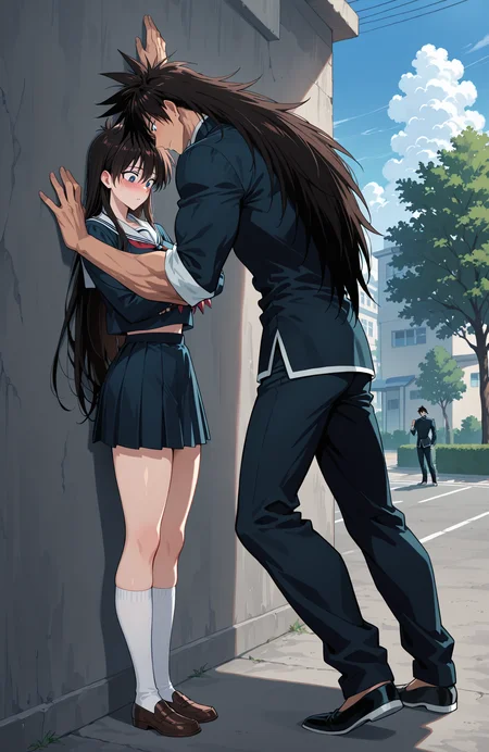 kabedon, 1boy, 1girl,
behind building, in shadow, day, sky,
school yard, trees,
BREAK
kabedon, 1boy, 1girl,
opm_suiryu, very long hair, 
muscular male, solo,
looking down, gakuran,
<lora:[Char - IL] One-Punch Man - Suiryu (R2E14):1.0>
BREAK
kabedon, 1boy, 1girl,
blush, school uniform, against wall,