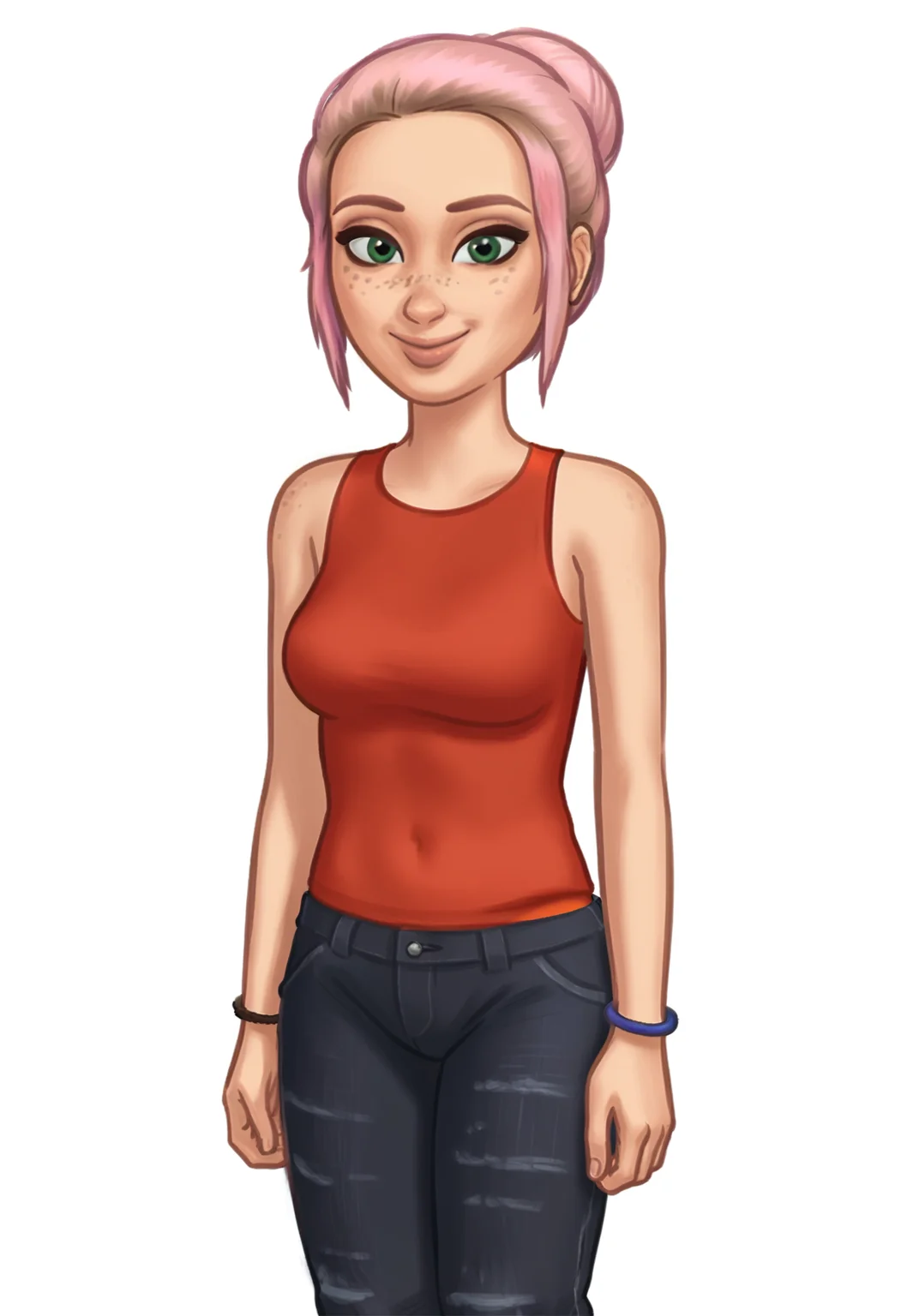 1girl, solo, Br00klynn, green eyes, freckles, pink hair, short hair, single hair bun, bracelet, red tank top, black pants, denim, torn pants, sneakers, white footwear, <lora:Brooklynn - Camp Cretaceous-000010:1>, looking at viewer, smile, <lora:SummertimeSagaXL_Pony Reupload:0.9> Drawn in the style of Summertime Saga, cowboy shot, standing, white background, simple background,