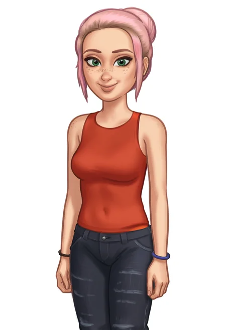 1girl, solo, Br00klynn, green eyes, freckles, pink hair, short hair, single hair bun, bracelet, red tank top, black pants, denim, torn pants, sneakers, white footwear, <lora:Brooklynn - Camp Cretaceous-000010:1>, looking at viewer, smile, <lora:SummertimeSagaXL_Pony Reupload:0.9> Drawn in the style of Summertime Saga, cowboy shot, standing, white background, simple background,