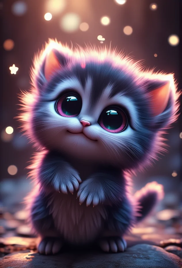 a fluffy kitten with big eyes, bv-cutenh, dancing with sparkles around, captured from a top-down view, in a fantastical style, ultra-detailed, with vibrant, radiant colors and dramatic lighting that creates a sense of wonder, emphasizing extreme cuteness and charm with soft, rounded features, oversized, expressive eyes, and an enchanting atmosphere.<lora:bv-cuteness-enhancer-v1.safetensors:1.0:1.0>