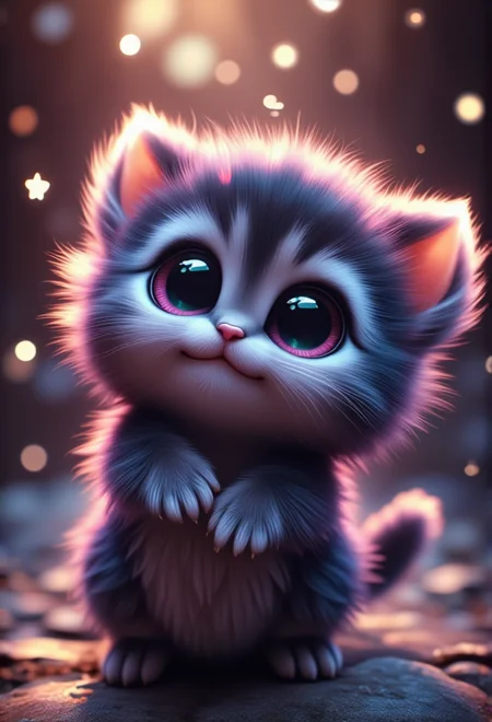 a fluffy kitten with big eyes, bv-cutenh, dancing with sparkles around, captured from a top-down view, in a fantastical style, ultra-detailed, with vibrant, radiant colors and dramatic lighting that creates a sense of wonder, emphasizing extreme cuteness and charm with soft, rounded features, oversized, expressive eyes, and an enchanting atmosphere.<lora:bv-cuteness-enhancer-v1.safetensors:1.0:1.0>
