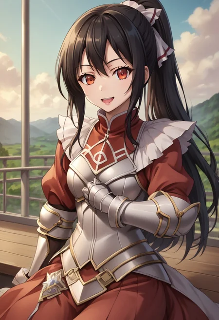score_9, score_8_up, score_7_up, detailed, intricate details, chromatic aberration, realistic, veins source_anime, kuroinukaguya, , (best quality) , (highly detailed) ,((masterpiece)), ((best quality)), (ultra-detailed), ((extremely detailed)), (high resolution), 4K, (8K), best quality, (beautiful), (dynamic lighting), (super detailed skin), sharp focus, (1_girl, solo focus), score_9,score_8_up,score_7_up,anime coloring BREAK source_anime,anime, theresia (hortensia saga), Windy, Flowing hair,  Wind, Hair billowing in the Wind long hair, Very long hair, hair between eyes, black hair, red eyes, sidelocks,  , ponytail, hair ribbon, white ribbon, cuirras, armored boots, puffy sleeves, pantyhose, red capelet, fur collar, gauntlets, greaves, armored dress, turtleneck, , red skirt
Sitting, smiling, happy, grinning 
Face Focus, Upper Body detailed eyes、detailed face and detailed skin <lora:add-detail-xl:1.0>