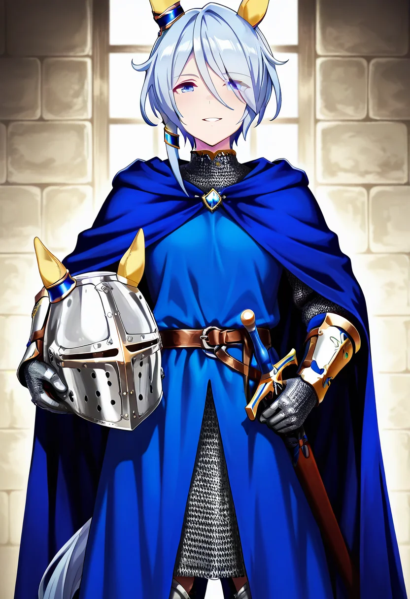 masterpiece, best quality, absurdres, detailed skin, detailed eyes, anime colored, anime screencap,
k.s.miracle \(umamusume\), horse girl, horse tail, smile, mouth open, no headwear,
<lora:Great_Helm:0.8>, chainmail, ((holding helmet)), sword, sheathed, blue cape, gauntlets,