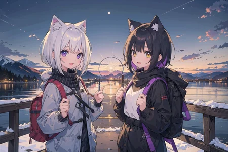 (masterpiece), (2girls:1.2), black hair, silver hair, medium hair, short hair, multicolored hair, yellow eyes, purple eyes, medium breasts, winter, casual, cat ears, smile, open mouth, backpack, scenery