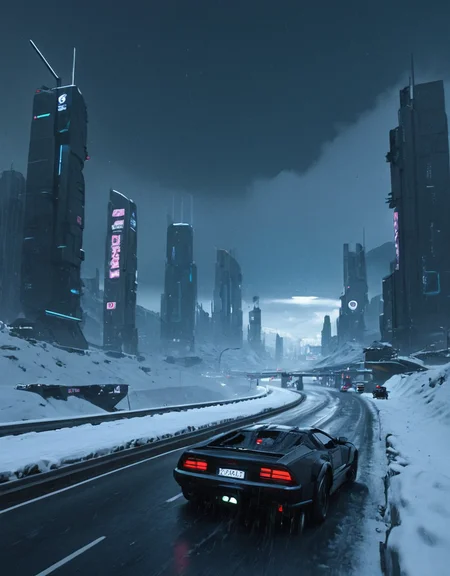<lora:Space_Worlds_01__Poetic_xl:0.7> sw01p_xl, driving on the highway over a cyberpunk city in snow mountains,