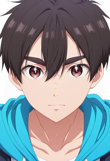 masterpiece, best quality, intricate details, anime screencap, anime coloring, official style, looking at viewer, 1boy, solo, male focus, <lora:rentarou_aijou_ilxl:0.98>, rentarou_aijou, black hair, brown eyes, short hair, hair between eyes, bangs, ,