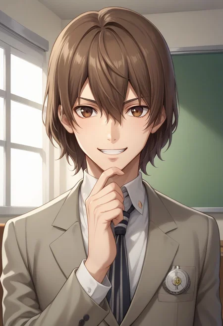 score_9, score_8_up, source_anime, highly detailed, 1boy, solo, male_focus,
goro, brown hair, male focus, 1boy, necktie, brown eyes, school uniform, formal,looking at viewer, suit, hair between eyes, shirt, collared shirt, jacket, striped necktie. hand under chin, smile, teeth,
inside, stand,