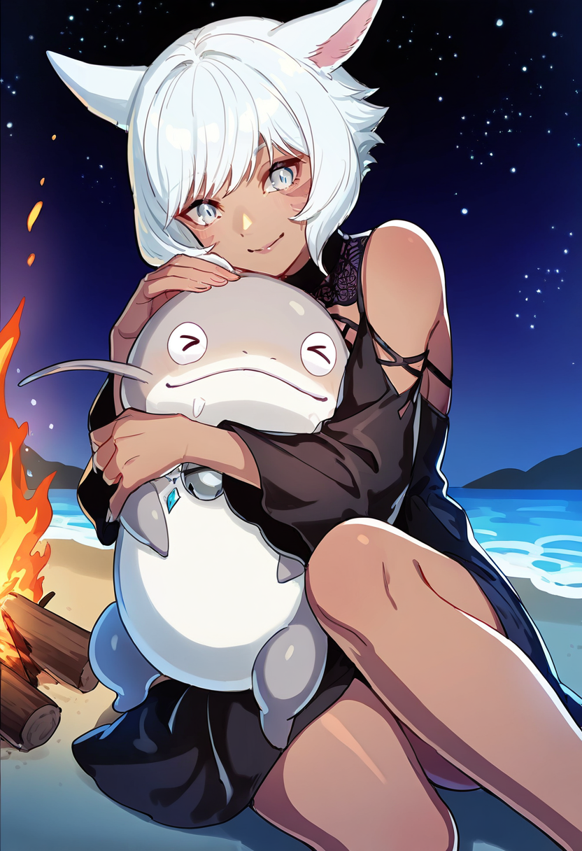 artist:, star \(sky\),beach,night,bonfire,1girl hugging 1other BREAK
<lora:namazuIL4:1>1other,namazu,no humans,collar,bell,hug,
1girl,y'shtola rhul,dark skin,y'shtola rhul hugging a namazu. black dress,hug,miqo'te, smile masterpiece, best quality, good quality, newest, very awa, absurdres, highres,  <lora:spo_sdxl_10ep_4k-data_lora_webui:0.7>,