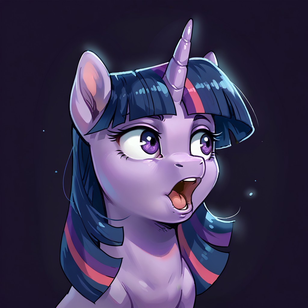 score_9, score_8_up, score_7_up, score_6_up, score_5_up, source_furry, source_furry, 1girl, pony, feral, Purple Skin, Purple Eyes, Twilight Sparkle_(mlp), pog, looking to the side, open mouth, portrait,