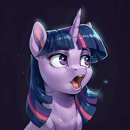 score_9, score_8_up, score_7_up, score_6_up, score_5_up, source_furry, source_furry, 1girl, pony, feral, Purple Skin, Purple Eyes, Twilight Sparkle_(mlp), pog, looking to the side, open mouth, portrait,