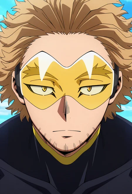 masterpiece, best quality, , anime screencap, , official style, looking at viewer, 1boy, solo, male focus, <lora:keigo_takami_ilxl:0.92>, keigo_takami, hawks \(boku no hero academia\), blonde hair, yellow eyes, short hair, facial hair, stubble, tinted eyewear, goggles, , scarecrow costume