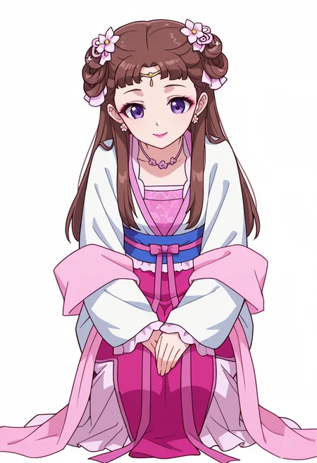 Smooth Quality,masterpiece,very intricate, high quality details, ultra realistic, high detailed skin,detailed enviorement,absurdres,
partially undressed,
<lora:Lishu_CNR:0.8> lishu_cnr,brown hair, long hair, purple eyes, makeup, lipstick, lishu_pink_cnr,hanfu, dress, long sleeves, sash, shawl, circlet, flower earrings, necklace,hair flower, hair rings, hair bun,, simple background, white background, front view,
crouching, hands together, foot forward, intense, ready, ,happy,