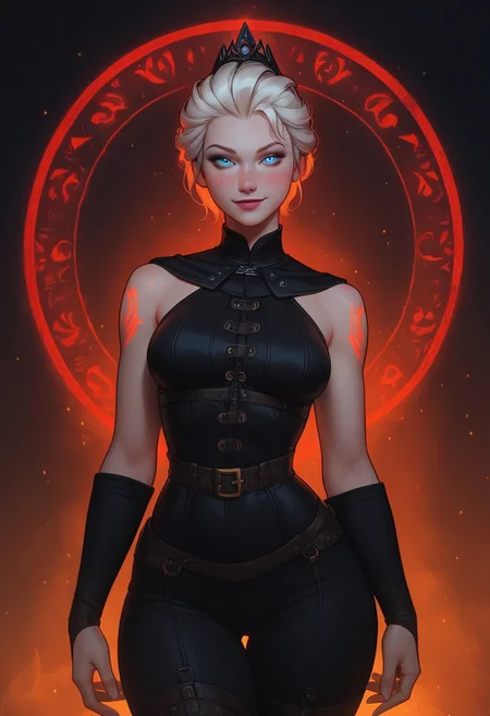 masterpiece,best quality, highly detailed, score_9, score_8_up, score_7_up, score_6_up, score_5_up, score_4_up, Expressiveh, Elsa, solo, portrait, athletic body, looking at viewer, platinum hair, short hair,fully clothed,
Blue eyes, thick tighs, wide hips, detailed belly, smile, happiness,gothic clothes, black hunter attire,black collar shirt, black hunter corset, tactical pants, combat tiara, daggers ,belts,hunter cloak, sexy, seductive, blush, castle,night, perfect hips, perfect thighs, neckless, black chocker, hair ornaments, full body, heels, boots, conjuring spell, ancient ice magic , wide hips, thick thighs Flashice glowing runes, graceful, dancer-like movements, ice magic, frost, chilly aura, void magic, breathtaking display of color, Fae, ethereal beauty, supernatural powers, elemental magic, sharp focus, depth of field, Flashice glowing runes,Close up, runes on body, glowing body tattoos, glowing eyes, glowing tattoos, glowing runes,