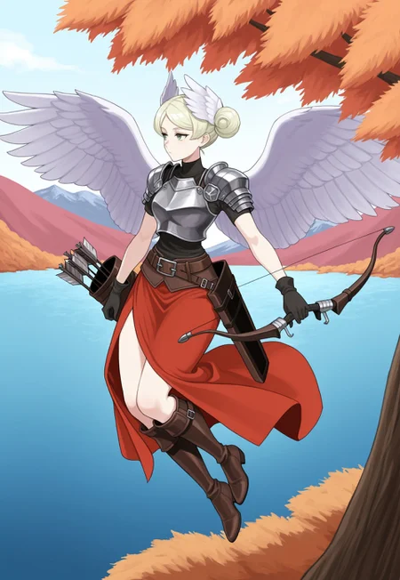 source_vanillaware,
midair,
1girl, solo,
RaenysIL, Raenys Unicorn Overlord,
green eyes, head wings, light blonde hair, hair buns, short hair, poofy bangs, back wings, angel wings,
high collar, black undershirt, pauldrons, breastplate, black gloves, leather belt, long skirt, skirt slit, leather boots,
bored, looking away, floating,
quiver, holding bow weapon, composite shortbow,
autumn trees, ocean, mountains,