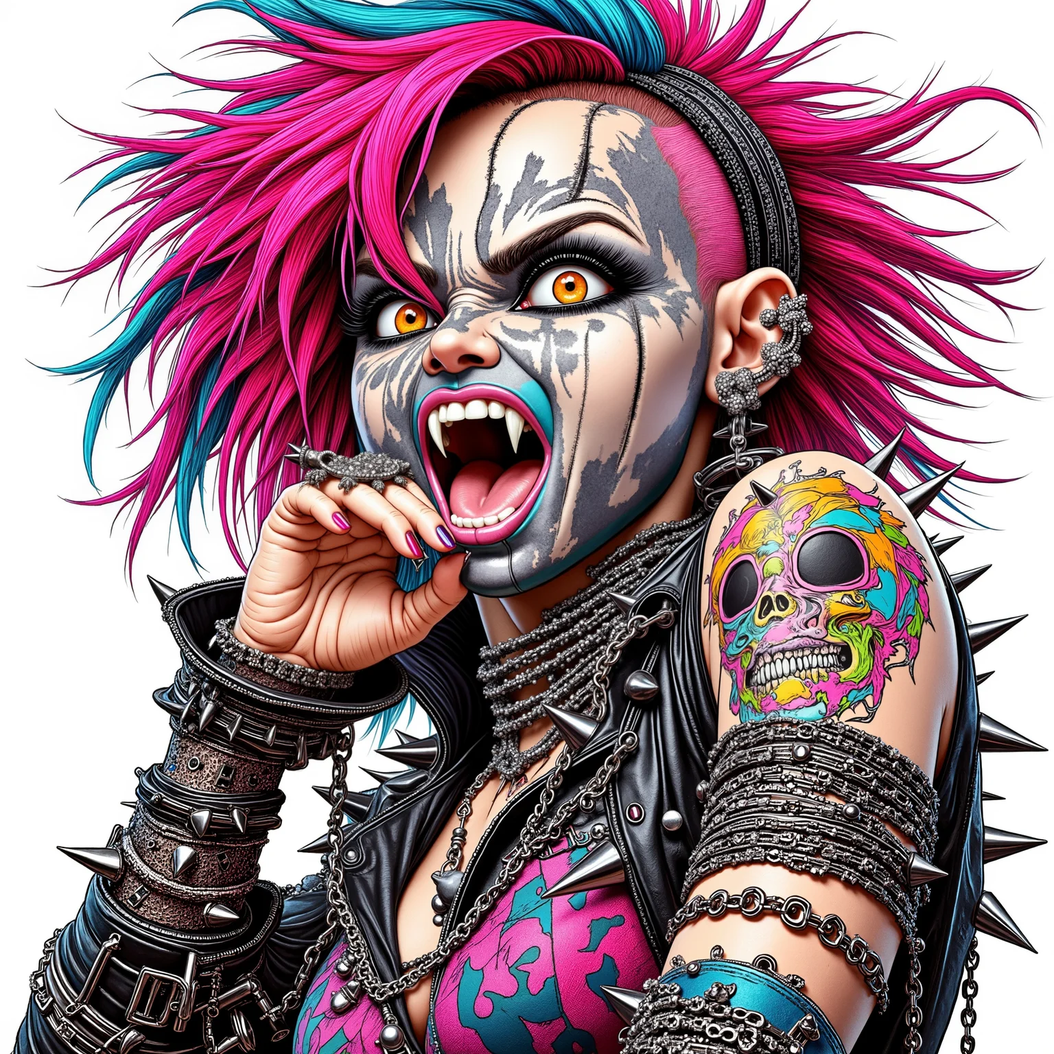 An illustration featuring a punk rocker girl in bold, ripped clothing adorned with spiked accessories and chains, her hair a riot of neon colors, and her fierce gaze daring the world to challenge her renegade spirit.