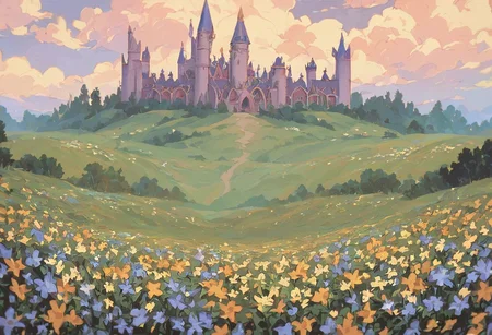 score_9, score_8_up, score_7_up, score_6_up,
nature background, flowers, flower frame, small clouds, fields, flower field, castle in background, castle, vintage, film grain