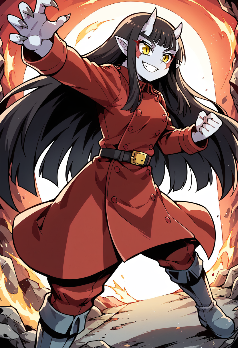 score_9, score_8_up, score_7_up, uncensored, Expressiveh BREAK 1girl, solo, adolfxventure, black hair, long hair, bangs, horns, oni horns, yellow eyes, colored skin, pointy ears, facial mark, red military uniform, trench coat, red coat, belt, red pants, boots, small breasts, hourglass figure, curvy, fighting stance, claws, dynamic pose, dynamic angle, dutch angle, evil smile, <lora:adolf_xventure:0.9> <lora:add-detail-xl:0.9> <lora:cfg_scale_boost:0.8> <lora:Expressive_H:0.9> <lora:HandFixer_pdxl_Incrs_v1:0.6>