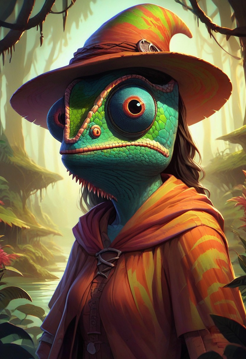 score_9, score_8_up, score_7_up, chameleonfolk, 1woman, witch, colorful outfit, swamp background