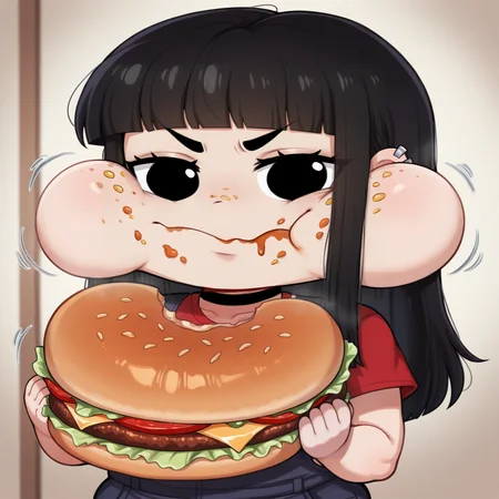 (masterpiece, amazing quality, best quality), <lora:blackwhiplash(bwl)-guy90-Illust-Lycorisv1:1>, blaash, <lora:stuffy_ai_style_illustrious_goofy:0.8>, motion lines, motion blur,
1girl, solo, black hair, long hair, blunt bangs, bangs, (sidelocks:1.2),
red shirt, dark blue overalls, short sleeves, choker, black choker,
black eyes, looking at viewer, earclip, ear piercing, half-closed eyes, looking at viewer, v-shaped eyebrows, frown,
<lora:watermelon_reimu:1>, chibi style, exaggerated eyes, exaggerated expression, puffed cheeks, full cheeks, eating, stuffed mouth, food stains, food on face, drooling, cute, comedic expression, silly face, cartoonish, round eyes, closed mouth, chewing, munching, holding, holding food, eating, food in hands, meme face, funny face, meme, holding, holding burger,