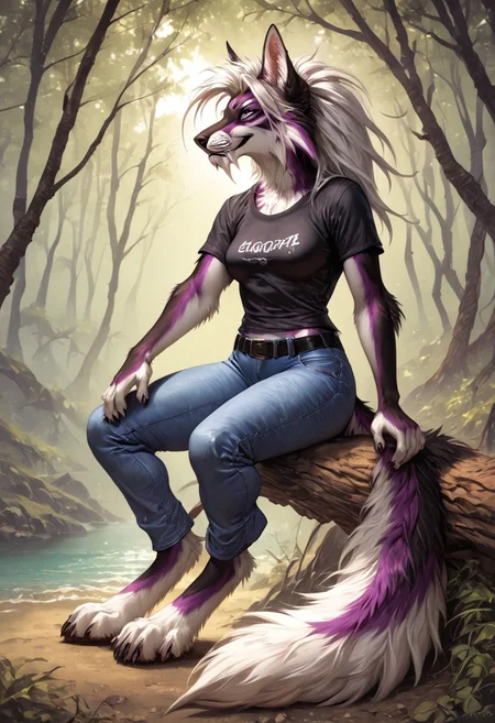 score_9, score_8_up, score_7_up, good quality, high quality, excellent quality, high resolution, masterpiece, many details, detailed, detailed background, detailed fur, detailed hair, detailed clothes, ng_deepnegative_v1_75t, by reallynxgirl, source_furry, female, kotyara, (lora kotyara:1.8), multicolored fur, wnite hair, female, ((((anthro)))), 1girl, furry_female, solo, furry, animal_ears, tail, purple_eyes, long_white_hair, animal paws, snout, claws, {blue jeans, black T-shirt, black belt, silver buckle, fit, strong body, athletic body, strong muscled female, medium breasts, long wnite hair, saber-toothed}, outdors, noon, clear day, sunny day, bright light, sun rays, forest, dense forest, tall trees, large trees, sitting on ground, back to tree, smile, dynamic lighting, dramatic light, pastel color