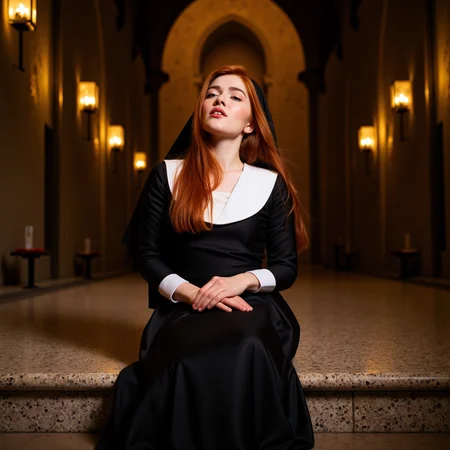 Inside an ancient cathedral, bathed in the glow of flickering candlelight, the redheaded goddess sitting on the cold stone altar, she's wearing a full nun costume  leaving nothing but temptation in its wake. Her fiery locks spill over the sacred ground as she gazes upward, looking at the viewer,  her lips parted in an expression of pure, sinful ecstasy. Itâs an image of contrastâholiness and eroticism intertwined, a vision of defiance in a place of restraint  <lora:jialissa64:0.9> jialis