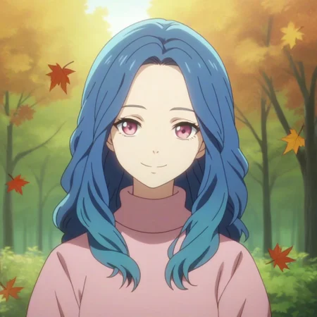 ani_as1, score_9, score_8_up, score_8, BREAK, anime screencap 1girl, solo, female focus, (body portrait), upper body, long hair, sweater, fall, leafs, trees, outside, pink eyes, blue hair, looking at viewer, forehead, gentle smile