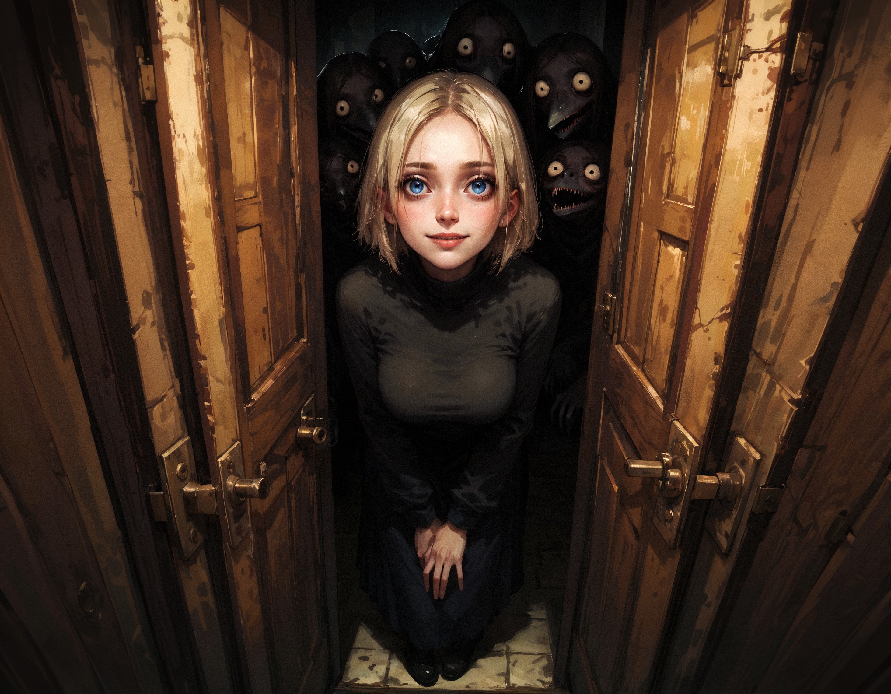score_9, score_8_up, score_7_up, score_6_up, score_5_up, score_4_up,  1girl, blonde hair, short hair, large breasts, long hair, smile, feral, dark, doorway, raven, crow, dark corridor, long corridor, creepy, horror