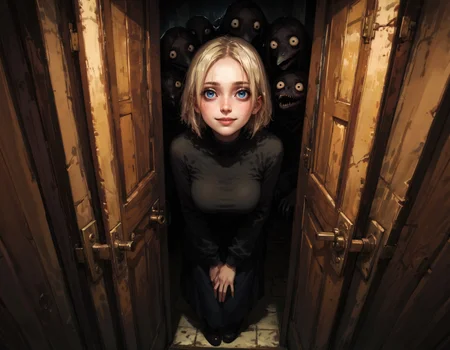 score_9, score_8_up, score_7_up, score_6_up, score_5_up, score_4_up, 1girl, blonde hair, short hair, large breasts, long hair, smile, feral, dark, doorway, raven, crow, dark corridor, long corridor, creepy, horror