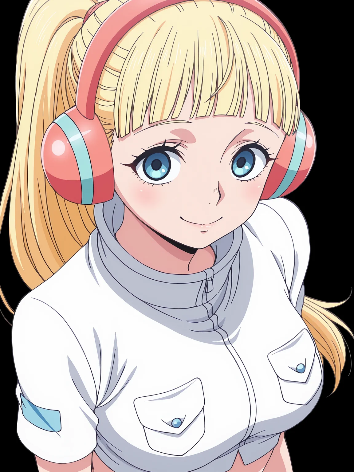 1girl, solo,
h1bar1, blonde hair, blue eyes, ponytail, blunt bangs,
headphones,
cropped shirt, breast pocket, short sleeves,
upper body, smile, looking at viewer,
anime screencap, anime coloring,
<lora:Hibari Illu:1>, masterpiece, best quality, amazing quality,, (simple background, black background:1.5),