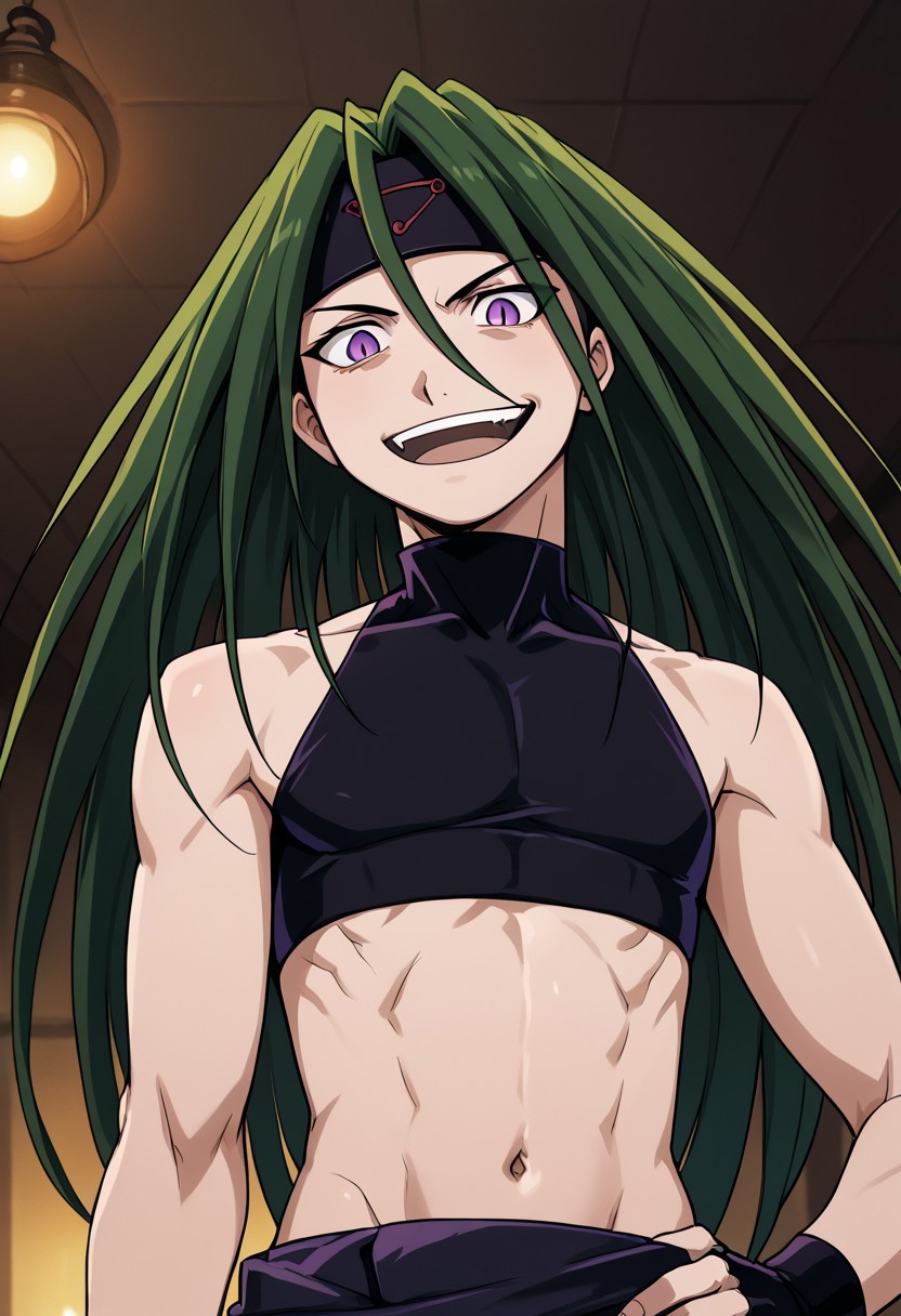 score_9, score_8_up, score_7_up, masterpiece, best quality, FMA_Envy, 1boy, male, solo, skinny, slim body type, long hair, green hair, purple eyes, (((slit pupils))), headband, crop top, bare shoulders, midriff, gloves, fingerless gloves, evil laugh, crazy eyes, looking at viewer, close up, perspective
