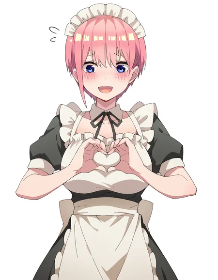 score_9, score_8_up, score_7_up, source_anime, <lora:ichika-nakano-s2-ponyxl-lora-nochekaiser:1>, ichika nakano, short hair, bangs, blue eyes, hair between eyes, pink hair, pixie cut, mature female, large breasts, <lora:moe-moe-kyun-ponyxl-lora-nochekaiser:1> heart-shaped boob challenge, moe moe kyun! heart hands, enmaided, maid, maid headdress, apron, maid apron, ,, open mouth, blush, embarrassed, clsoed eyes, smile,, cowboy shot