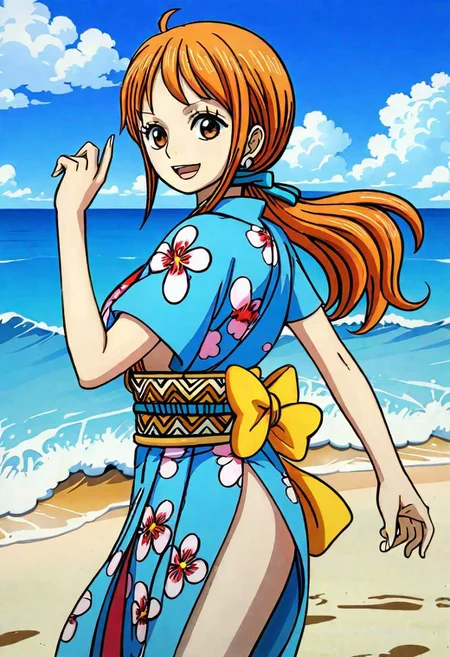 Middle shot, 1Girl , Long hair, (Happy:1.0), Wano, in the beach