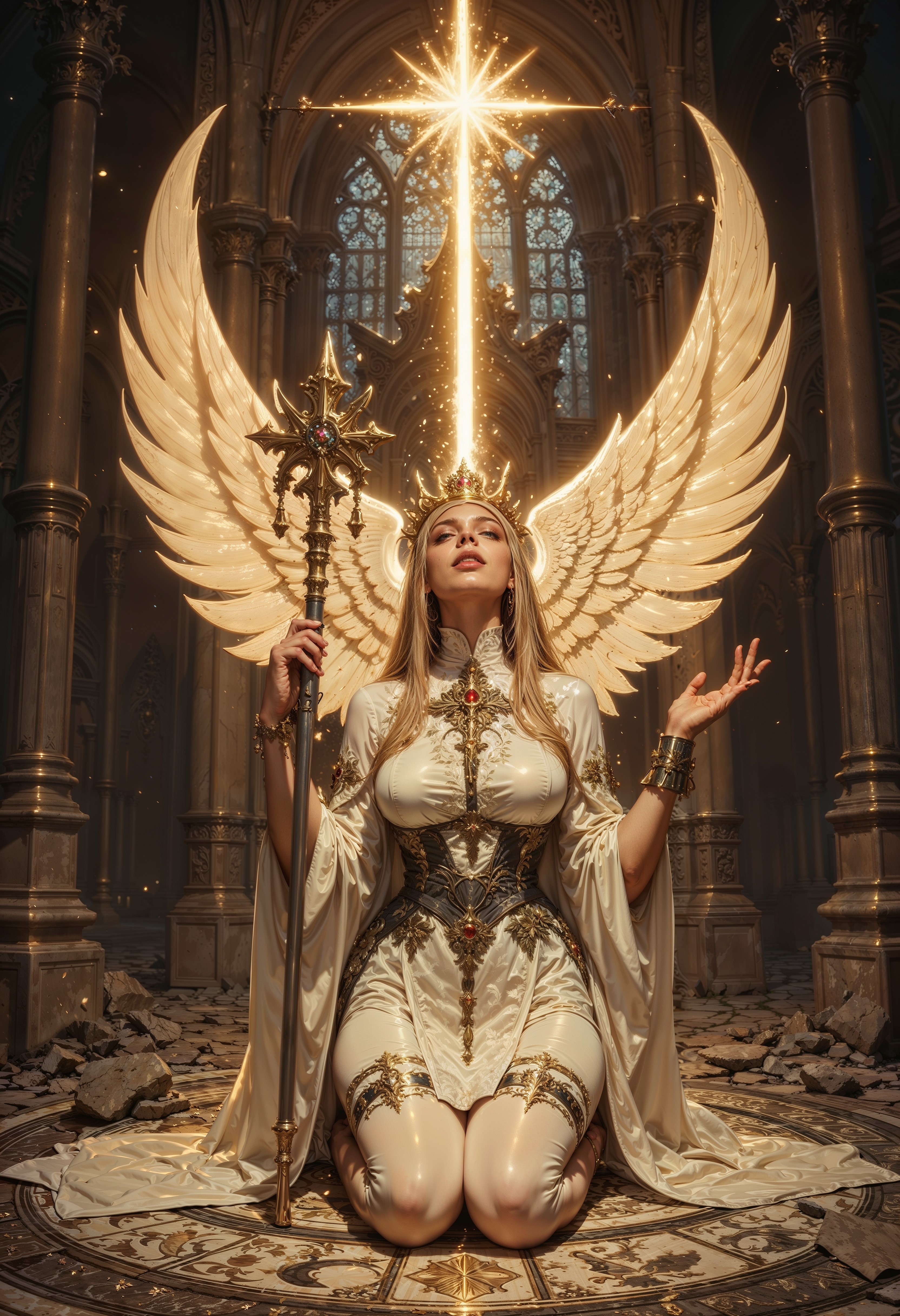 In the center of a ruined cathedral, a serene cleric kneels in prayer, her hands glowing with divine light. Her flowing robes are pristine white, trimmed with gold filigree, and her silver circlet catches the faint rays of sunlight piercing through the shattered stained glass windows. A celestial mace rests by her side, its head shaped like a blazing sun, radiating warmth and hope. Her soft yet determined gaze meets those who approach her, offering solace and protection. Around her, the ground is covered in sigils glowing faintly, warding off the encroaching darkness. Ethereal wings of light emerge from her back, illuminating the despairing world with a promise of renewal and salvation.
