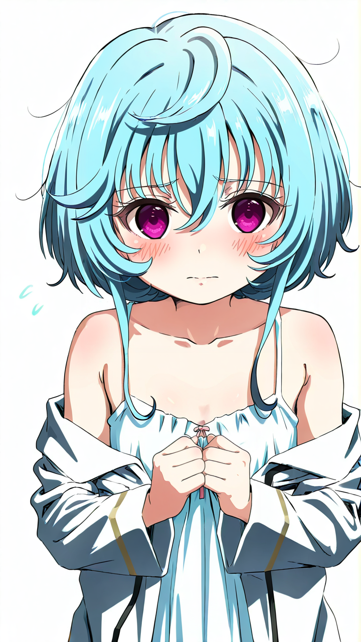 white_background,simple background,1girl,solo,full_shot,looking_at_viewer,<lora:Maryberry_Illustrious_v8:1>,Maryberry,blush,anime screenshot,sincos,looking_up,labcoat,camisole,oversized_clothes,shy,covering,white camisole,, masterpiece, best quality