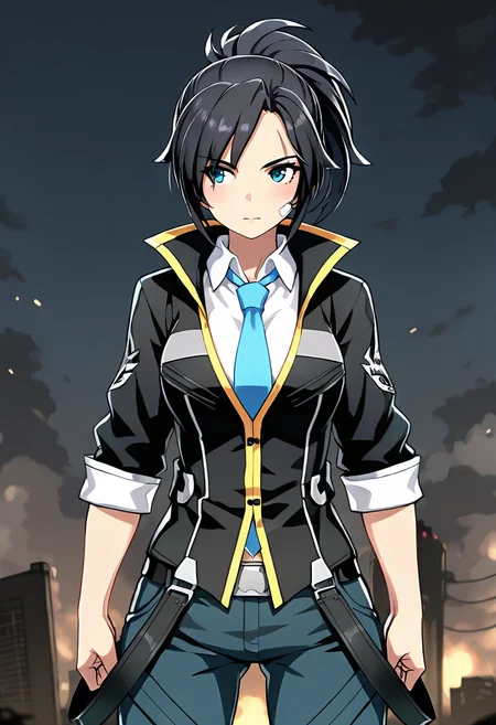 <lora:jinsepatus_IXL:0.7> 1girl,jinsepatsu,black hair,scar,bandaid on face, ponytail, front view,white shirt,blue necktie, jinclassicoutfit,black jacket,blue pants,belt
,best quality,masterpiece