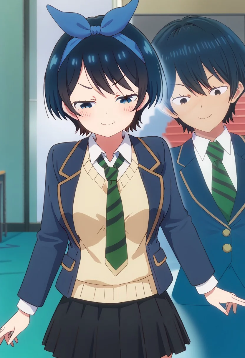 possessed,(matching pose),(transparent male),1boy,
ruka sarashina,1girl,solo,smile,short hair,sweater,skirt,blush,blue hairband,bangs,hairband,school uniform,jacket,collared shirt,necktie,stripped necktie,shirt, long sleeves,blazer, sweater vest,black skirt,
standing, looking at viewer,
smug, half-closed eyes, round breasts