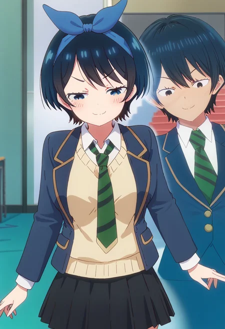 possessed,(matching pose),(transparent male),1boy,
ruka sarashina,1girl,solo,smile,short hair,sweater,skirt,blush,blue hairband,bangs,hairband,school uniform,jacket,collared shirt,necktie,stripped necktie,shirt, long sleeves,blazer, sweater vest,black skirt,
standing, looking at viewer,
smug, half-closed eyes, round breasts