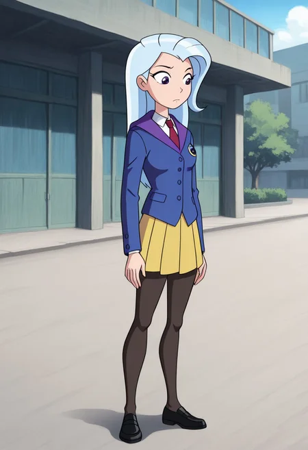 masterpiece,best quality,amazing quality, source_anime, full body shot, 1girl, solo, TrixieHuman, TrixHat, school uniform, shirt, white shirt, collared shirt, necktie, red necktie, jacket, blazer, blue jacket, long sleeves, skirt, yellow skirt, pantyhose, black pantyhose, shoes, black footwear, TrixCloak, standing, outdoors,