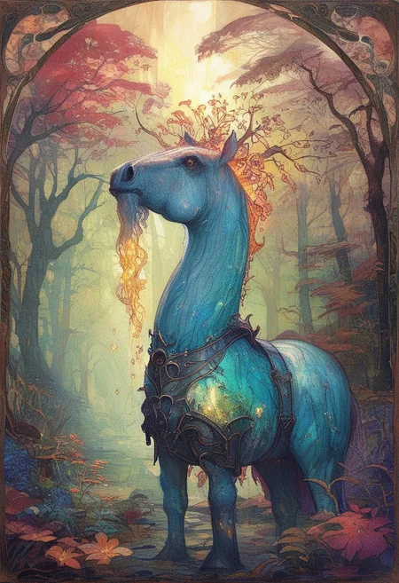 score_9, score_8_up, score_7_up, rating_questionable,score_9, score_8_up, score_7_up, BREAK 
Deep within a mystical forest, a group of knights clad in teal armor gather around a glowing, ancient tree. Each knight wields a sword imbued with a soft, ethereal blue light. The forest is alive with vibrant colors, with luminescent plants and ethereal mist creating a surreal atmosphere. The scene is painted in a rich, detailed style reminiscent of the works of Arthur Rackham, capturing the magical and otherworldly essence of the enchanted forest. The knights, with their intricate armor and determined expressions, add a heroic element to the serene and mystical setting.
, the scene is captured in dimly lit dark fantasy but vibrant colors, with bold ink lines defining form against the watercolor wash of the aged paper
(Art Noveau), ArsMJStyle,  <lora:ArsMJStylePony_-_Art_Nouveau-000009:1.5>