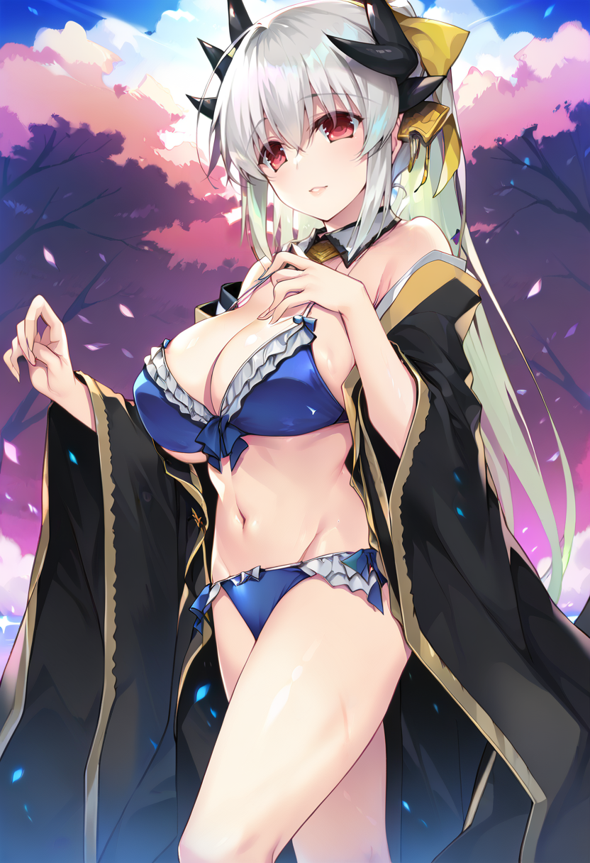 score_9, score_7_up,BREAK 1girl,  <lora:spfateKiyohimeXLPony:1> kiyola3st, white hair, horns, yellow bow, blue bikini, cleavage, frills, frilled bikini, japanese clothes, black kimono, standing, full-body shot, huge breasts   <lora:motomiya_mitsuki-Style-PonyXL-Dora:1>